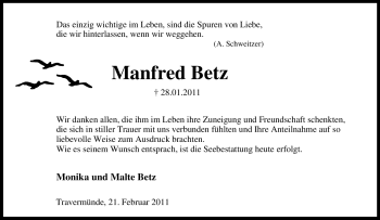 Traueranzeige von Manfred Betz von Tageszeitung