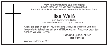 Traueranzeige von Ilse Weiß von Tageszeitung