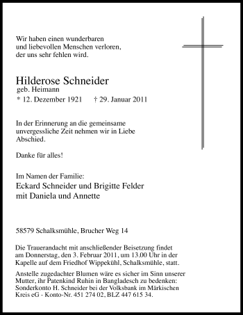 Traueranzeige von Hilderose Schneider von Tageszeitung
