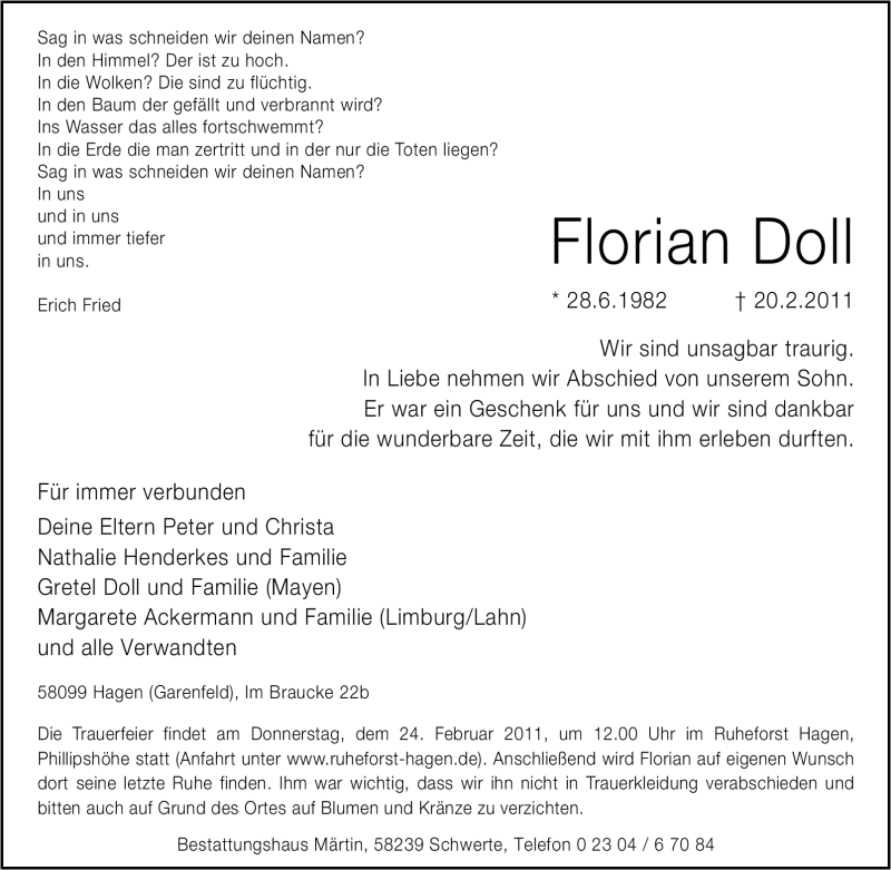 Traueranzeige für Florian Doll vom 22.02.2011 aus Tageszeitung
