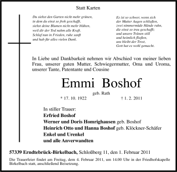 Traueranzeige von Emmi Boshof von Tageszeitung
