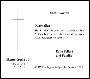 Traueranzeige von Hans Seifert von Tageszeitung