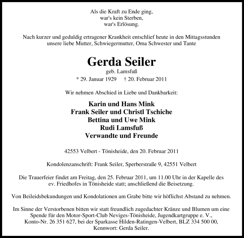 Traueranzeige für Gerda Seiler vom 23.02.2011 aus Tageszeitung
