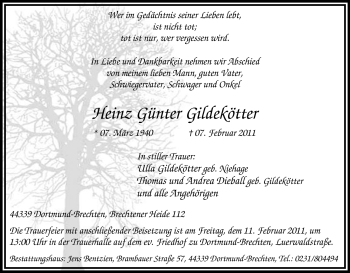 Traueranzeige von Heinz Günter Gildekötter von Tageszeitung