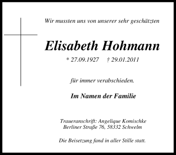 Traueranzeige von Elisabeth Hohmann von Tageszeitung