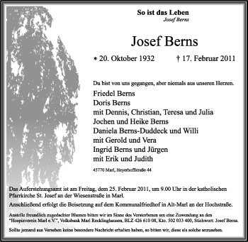 Traueranzeige von Josef Berns von Tageszeitung