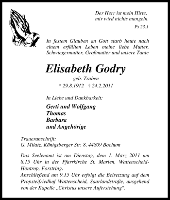Traueranzeige von Elisabeth Godry von Tageszeitung