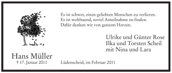 Traueranzeige von Hans Müller von Tageszeitung