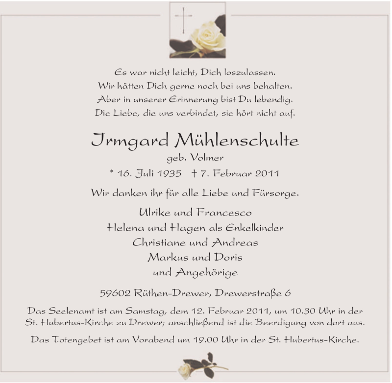  Traueranzeige für Irmgard Mühlenschulte vom 09.02.2011 aus Tageszeitung
