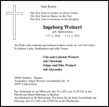 Traueranzeige von Ingeborg Weinert von Tageszeitung