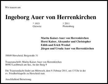 Traueranzeige von Ingeborg Auer von Herrenkirchen von Tageszeitung