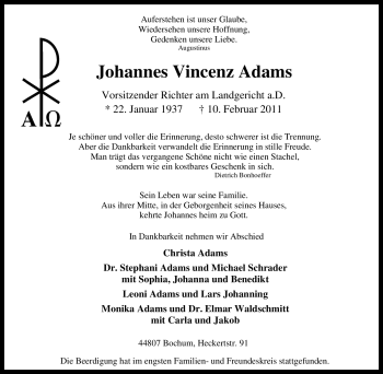 Traueranzeige von Johannes Vincenz Adams von Tageszeitung