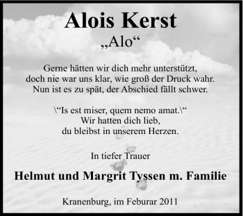 Traueranzeige von Alois Kerst von Tageszeitung