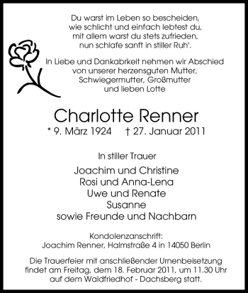 Traueranzeige von Charlotte Renner von Tageszeitung