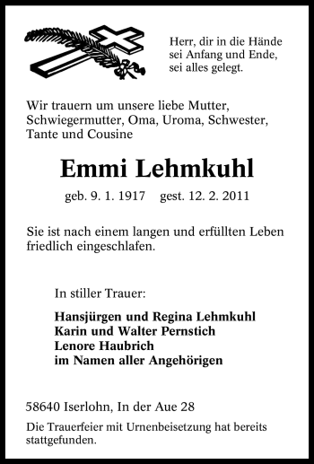 Traueranzeige von Emmi Lehmkuhl von Tageszeitung