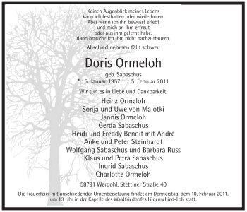 Traueranzeige von Doris Ormeloh von Tageszeitung