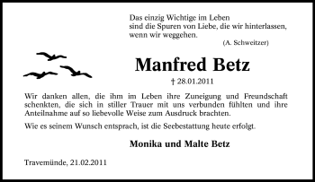 Traueranzeige von Manfred Betz von Tageszeitung