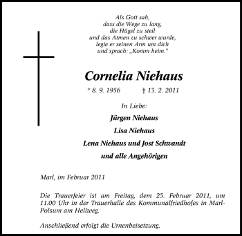 Traueranzeige von Cornelia Niehaus von Tageszeitung