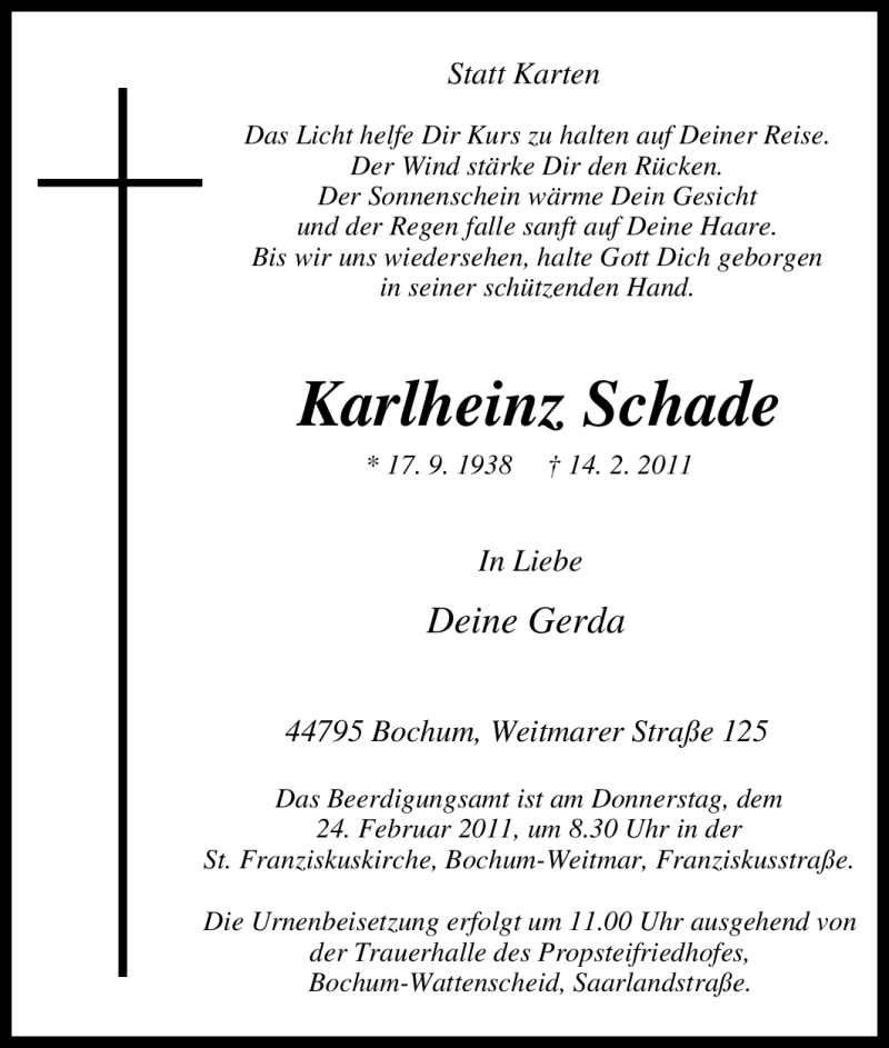  Traueranzeige für Karlheinz Schade vom 19.02.2011 aus Tageszeitung
