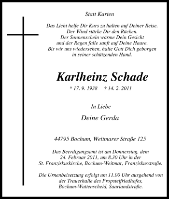 Traueranzeige von Karlheinz Schade von Tageszeitung