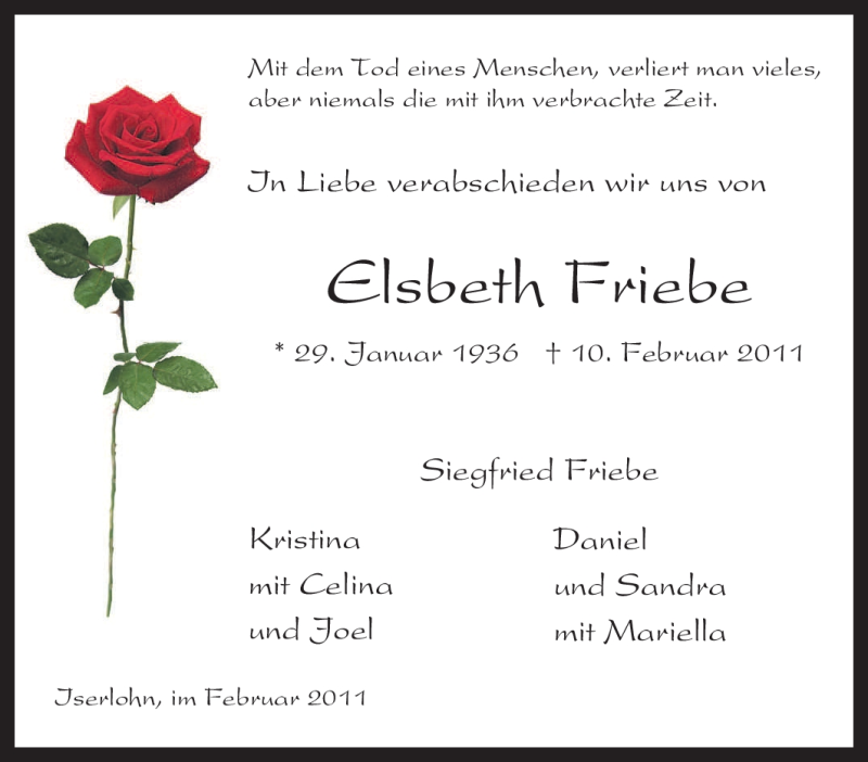  Traueranzeige für Elsbeth Friebe vom 12.02.2011 aus Tageszeitung