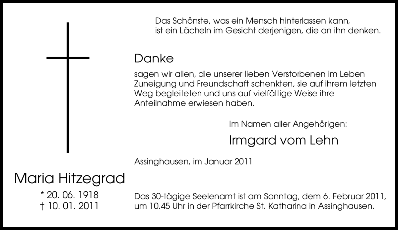  Traueranzeige für Maria Hitzegrad vom 02.02.2011 aus Tageszeitung