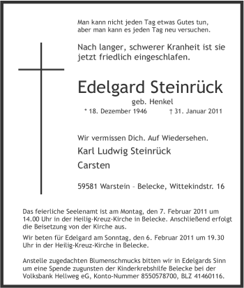 Traueranzeige von Edelgard Steinrück von Tageszeitung