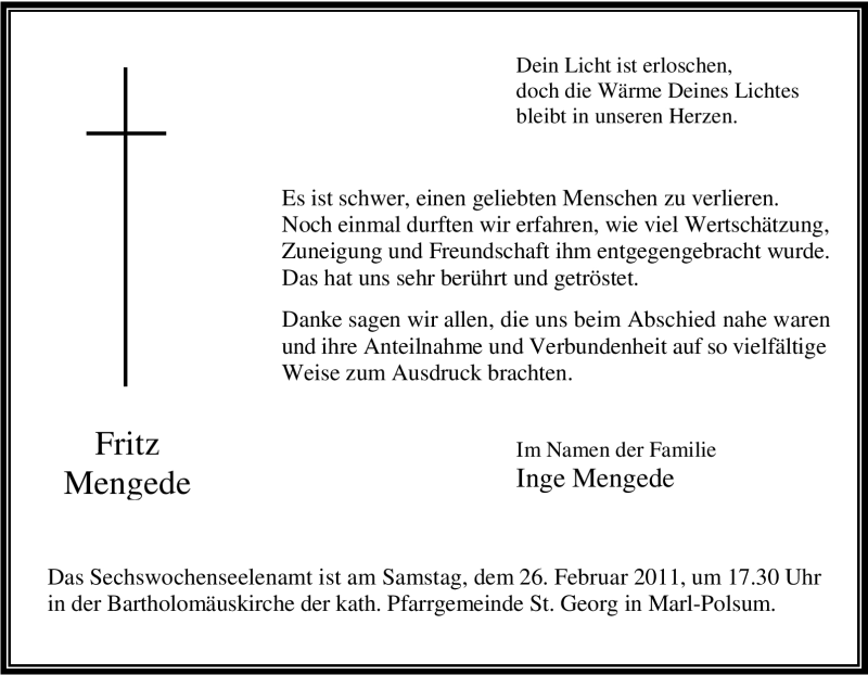  Traueranzeige für Fritz Mengede vom 19.02.2011 aus Tageszeitung