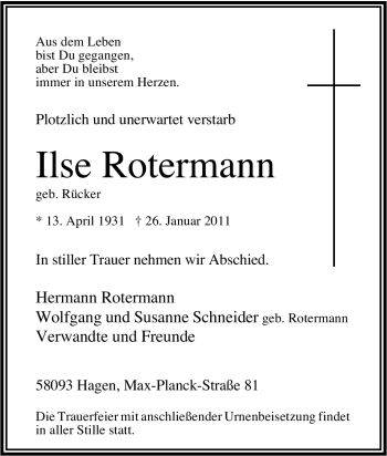 Traueranzeige von Ilse Rotermann von Tageszeitung