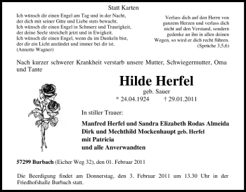 Traueranzeige von Hilde Herfel von Tageszeitung