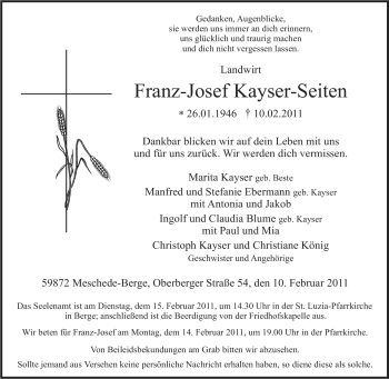 Traueranzeige von Franz-Josef Kayser-Seiten von Tageszeitung