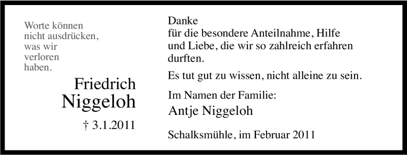  Traueranzeige für Friedrich Niggeloh vom 19.02.2011 aus Tageszeitung