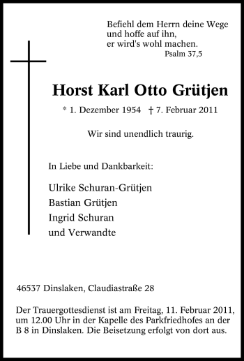 Traueranzeige von Horst Karl Otto Grütjen von Tageszeitung