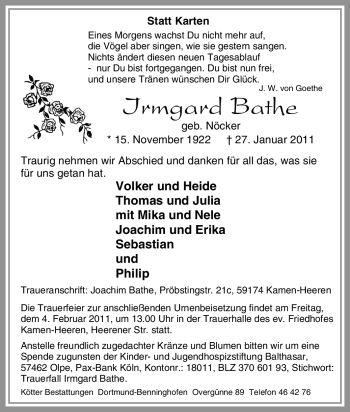 Traueranzeige von Irmgard Bathe von Tageszeitung