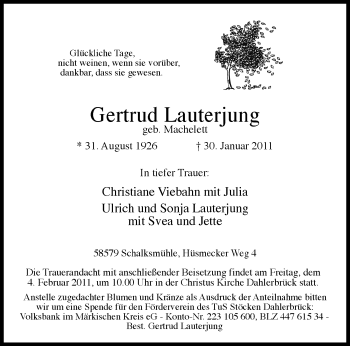 Traueranzeige von Gertrud Lauterjung von Tageszeitung