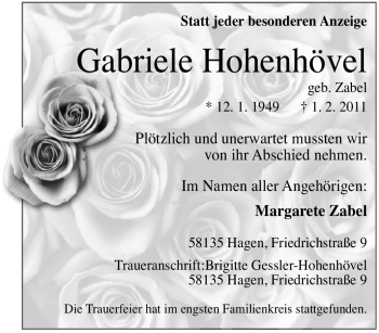 Traueranzeige von Gabriele Hohenhövel von Tageszeitung