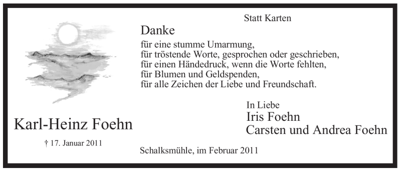  Traueranzeige für Karl-Heinz Foehn vom 19.02.2011 aus Tageszeitung
