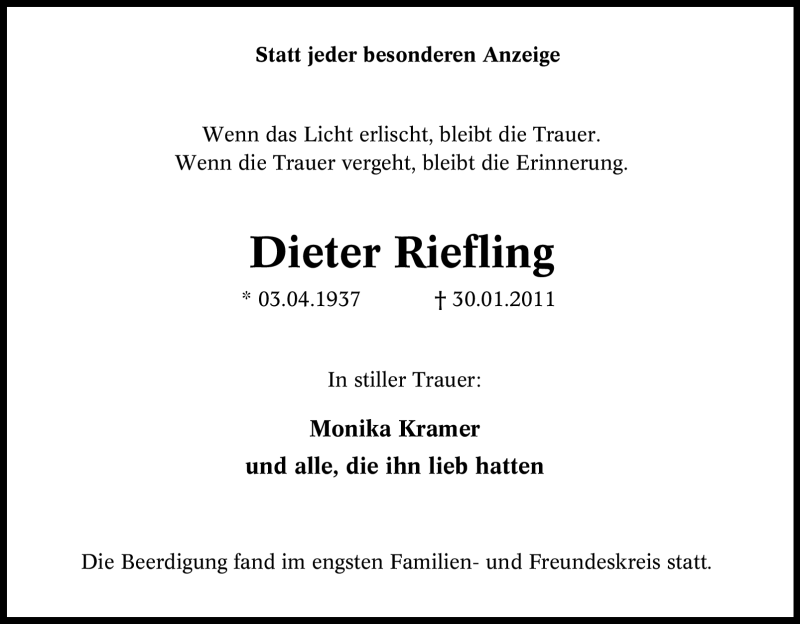  Traueranzeige für Dieter Riefling vom 07.02.2011 aus Tageszeitung