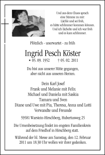 Traueranzeige von Ingrid Pesch Köster von Tageszeitung