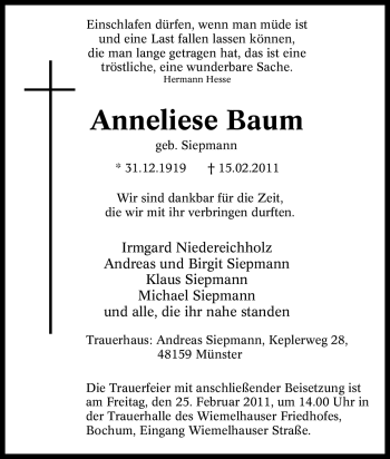 Traueranzeige von Anneliese Baum von Tageszeitung
