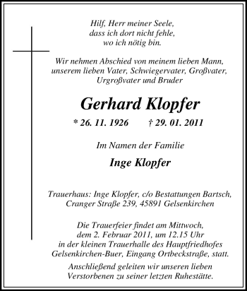 Traueranzeigen von Gerhard Klopfer TrauerinNRW.de