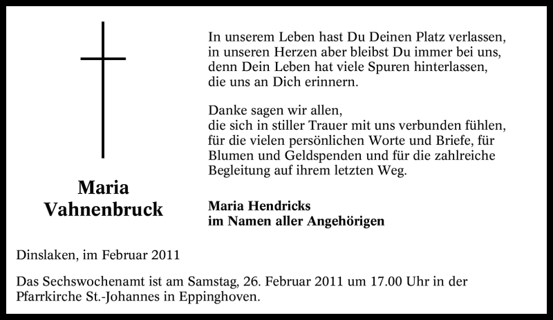  Traueranzeige für Maria Vahnenbruck vom 19.02.2011 aus Tageszeitung