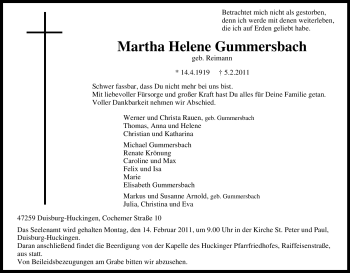 Traueranzeige von Martha Helene Gummersbach von Tageszeitung