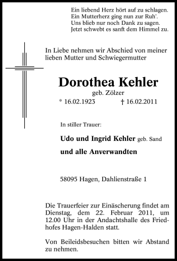 Traueranzeige von Dorothea Kehler von Tageszeitung