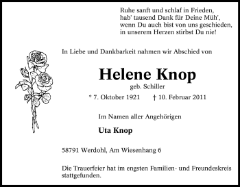Traueranzeige von Helene Knop von Tageszeitung