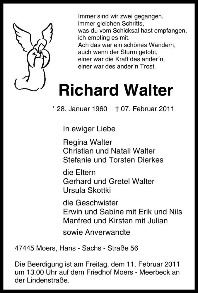  Traueranzeige für Richard Walter vom 09.02.2011 aus Tageszeitung