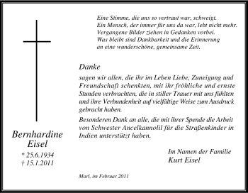 Traueranzeige von Bernhardine Eisel von Tageszeitung
