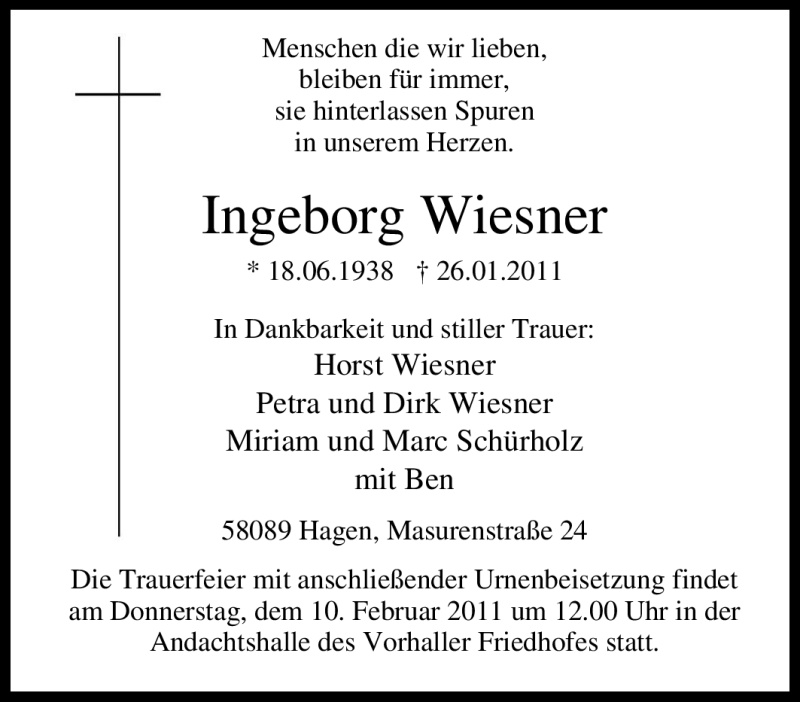  Traueranzeige für Ingeborg Wiesner vom 05.02.2011 aus Tageszeitung