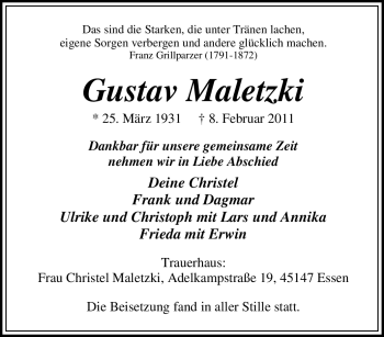 Traueranzeige von Gustav Maletzki von Tageszeitung