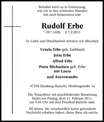 Traueranzeige von Rudolf Erbe von Tageszeitung